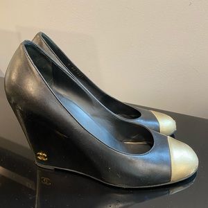 Chanel black leather wedge with gold toe